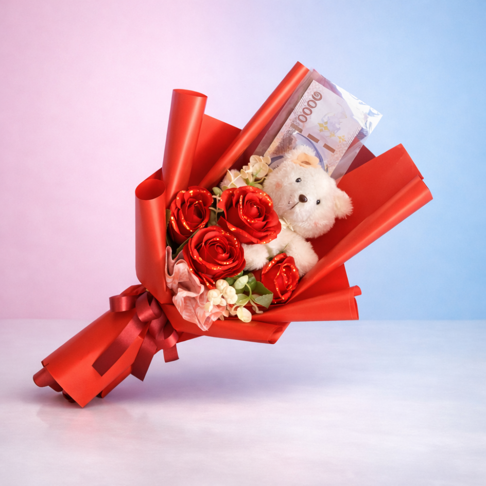 Money bouquet with teddy bear