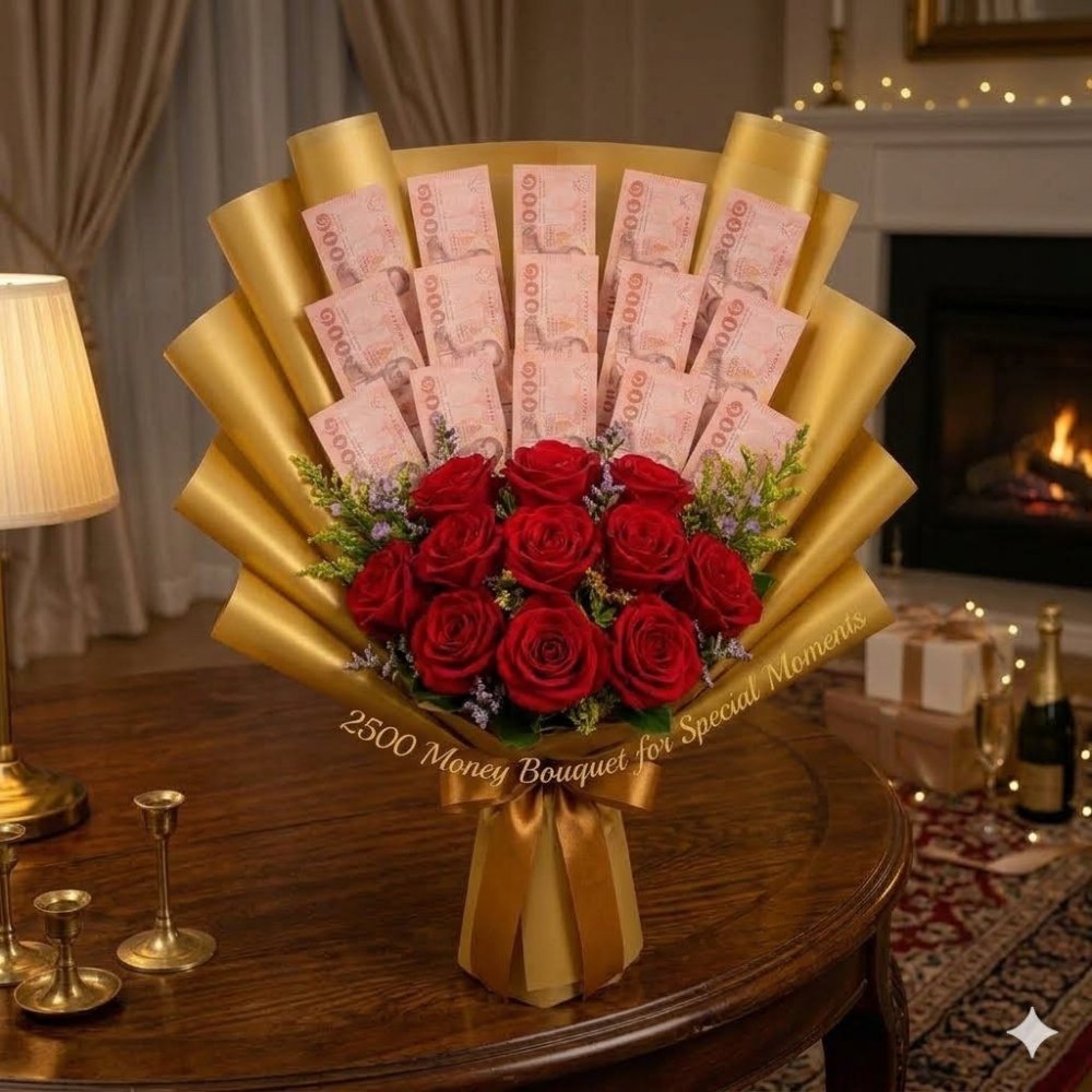 Gold money bouquet with red roses