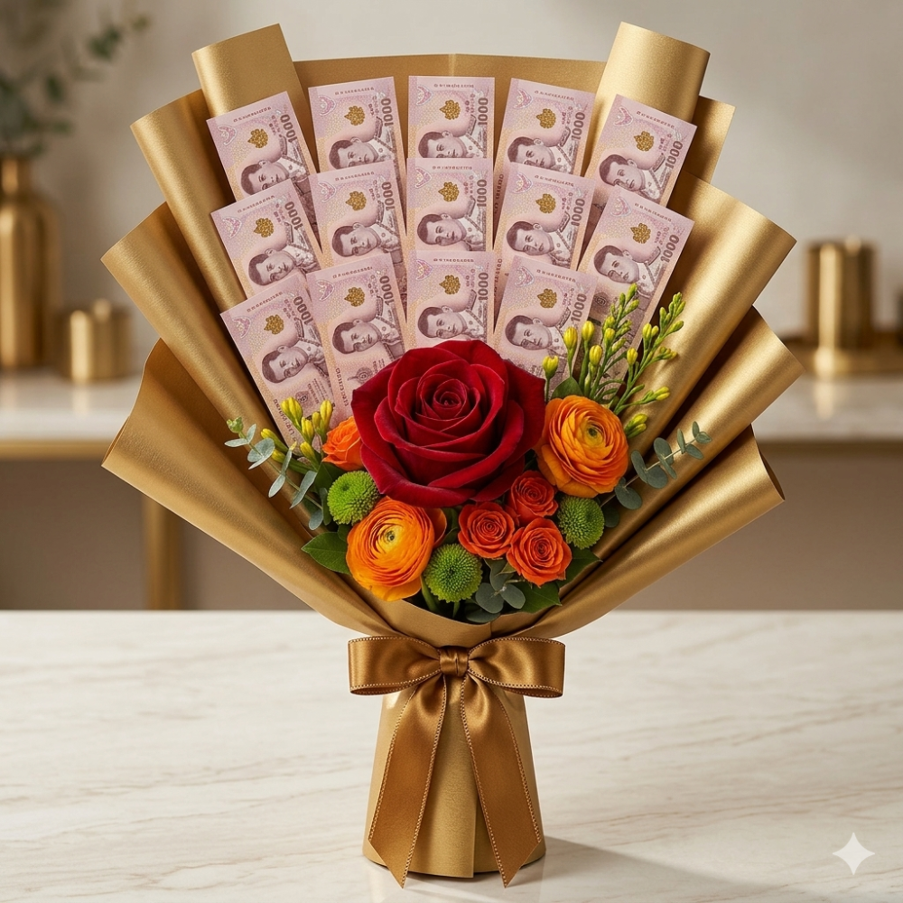 Gold money bouquet with roses