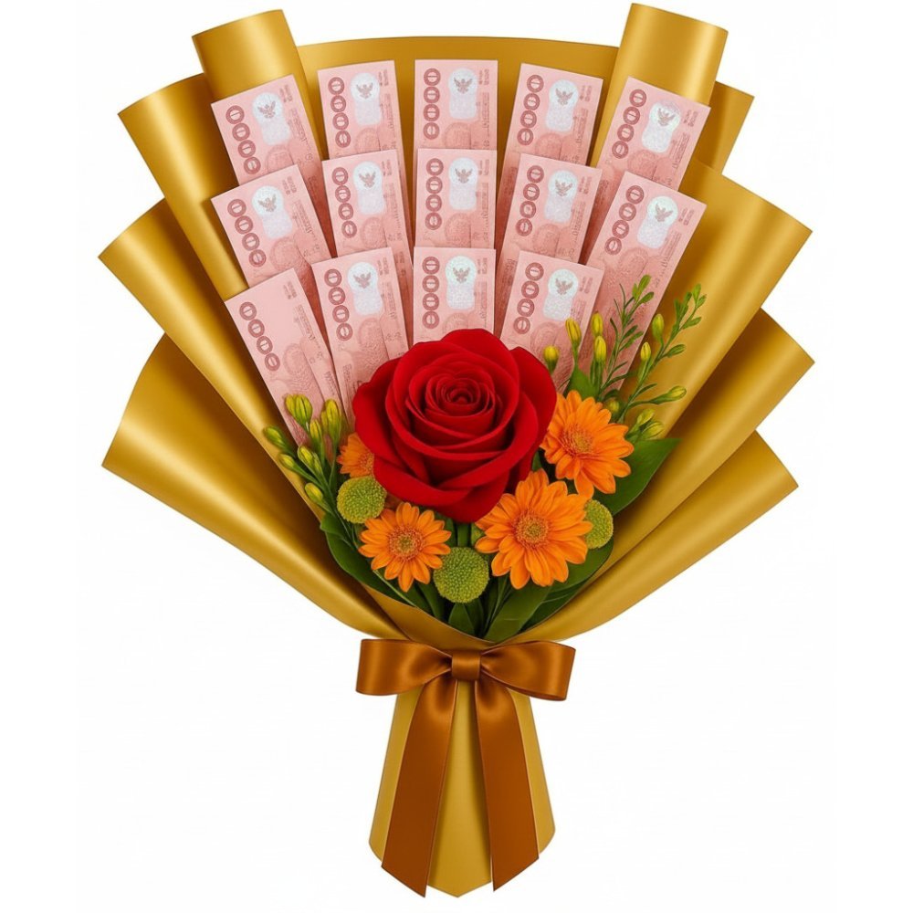 Gold wrapped money fan bouquet