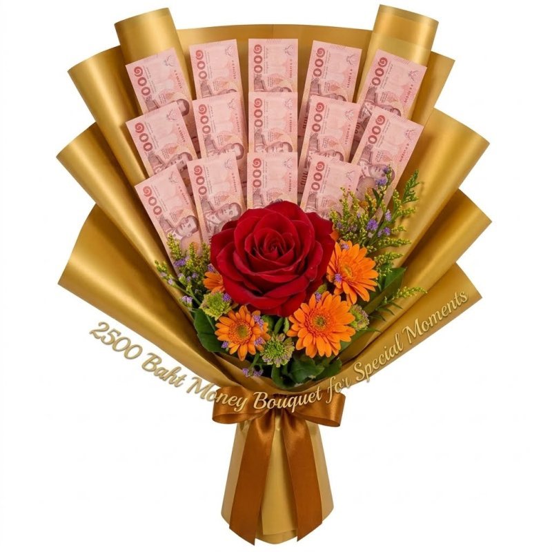 Goud verpakte geld bloemen boeket