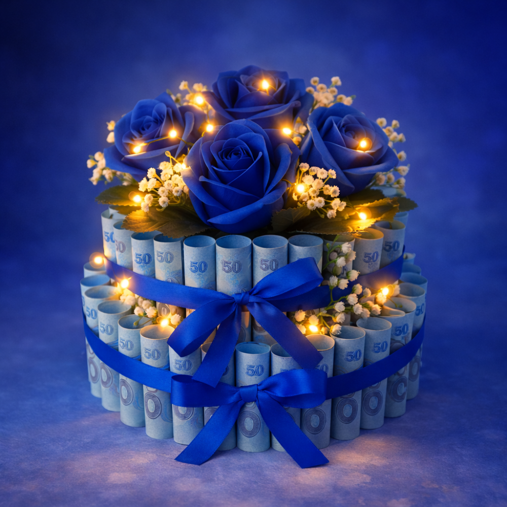 Blue money cake floral arrangement
