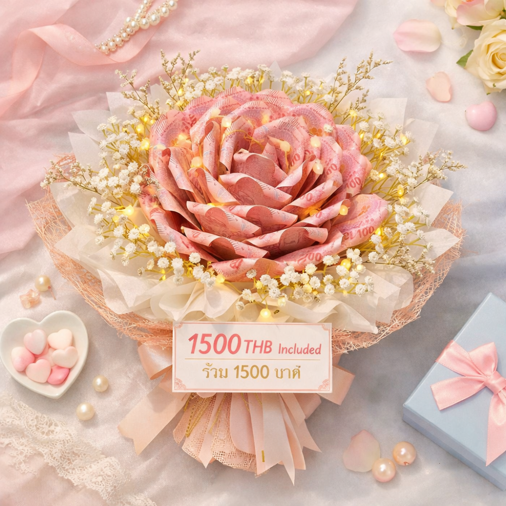 Geldstrauß mit LED-Rosen – Nachtüberraschungsgeschenk Pfirsich-Verpackung