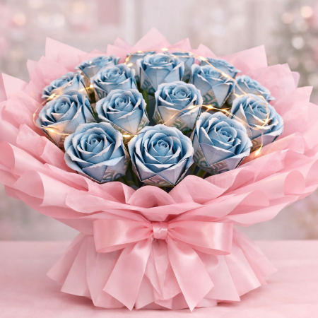 Blue money bouquet with lights