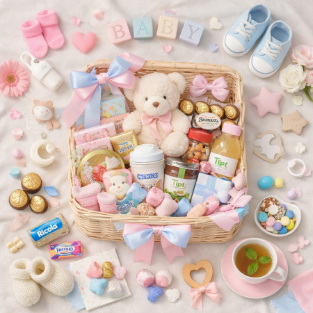 Canastilla de regalo para baby shower pastel