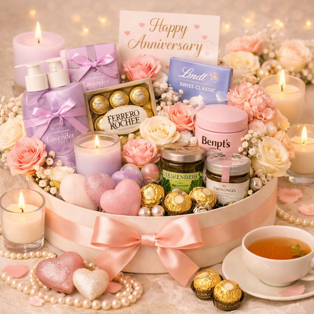 Luxe pastelkleurige jubileum geschenkmand