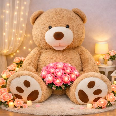 Ours en peluche géant tenant des roses