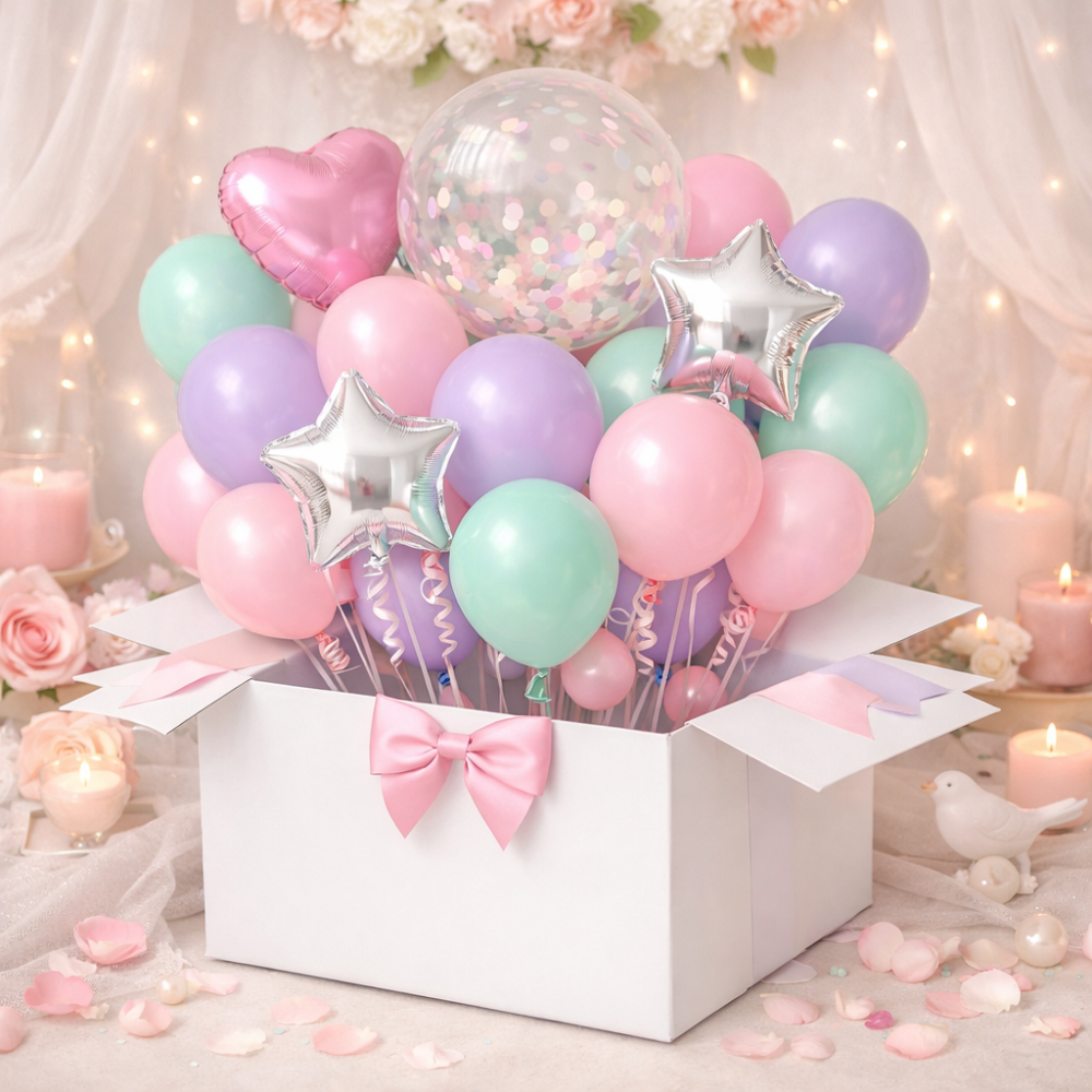 Pudełko z prezentem w postaci bukietu balonów w pastelowych kolorach