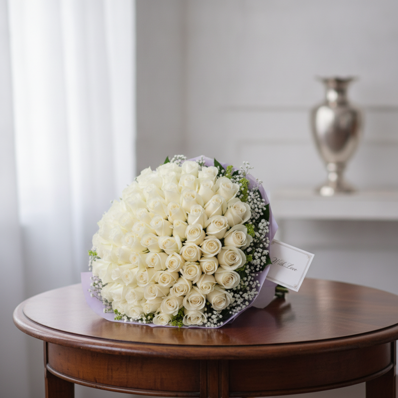 White roses bouquet lavender wrap