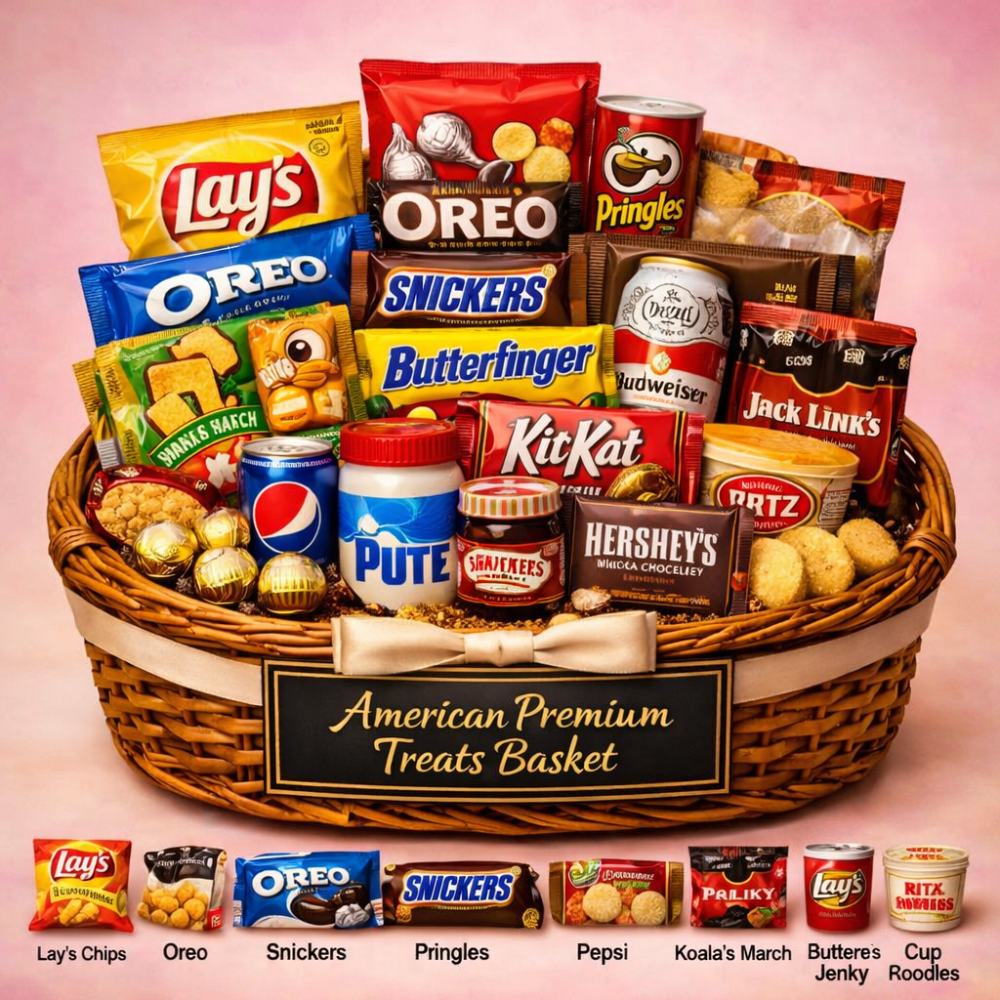 Cesta de agasallos de snacks premium americanos