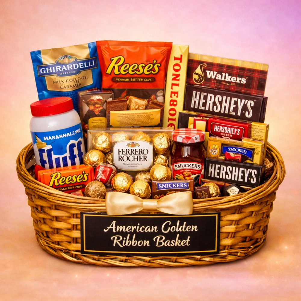 Cesta de agasallos de chocolate americano gourmet