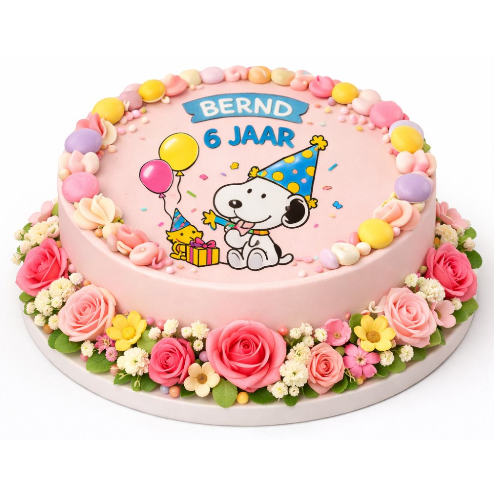 Pink Snoopy birthday celebration cake