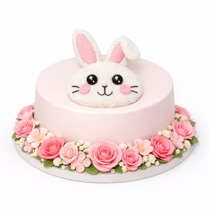 White rose bouquet bunny cake