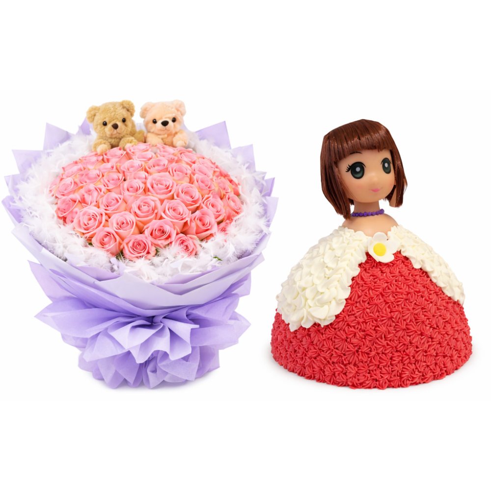 Doll Cake with Rose Flowers Set | 1.5kg Cake - Gift Sets delivery in Pattaya view 4