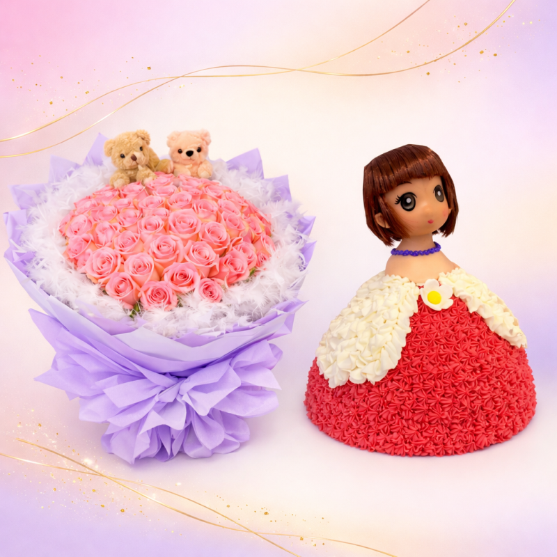 Doll cake and pink roses