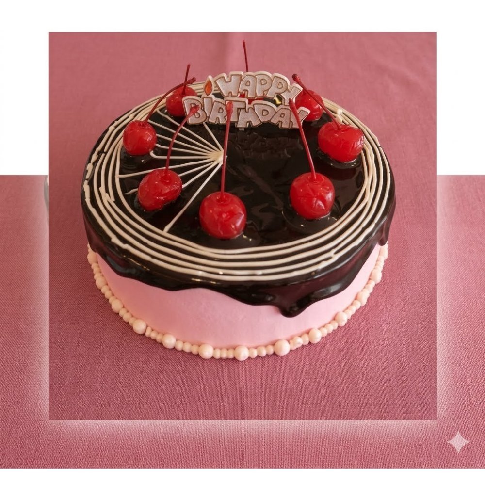 Pastís d'aniversari rosa amb degoteig de xocolata
