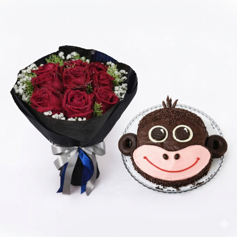 Celebration Gift Set | Red Rose Bouquet & Monkey Cake