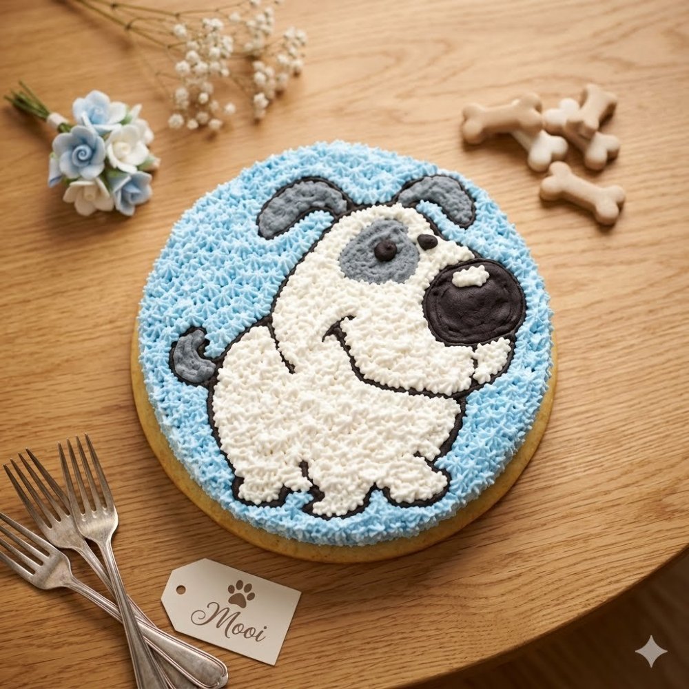 Piped frosting cartoon dog cake