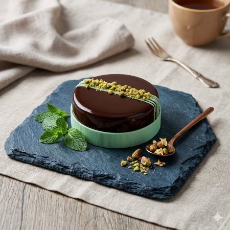 Torta con glassa a specchio al cioccolato e pistacchio