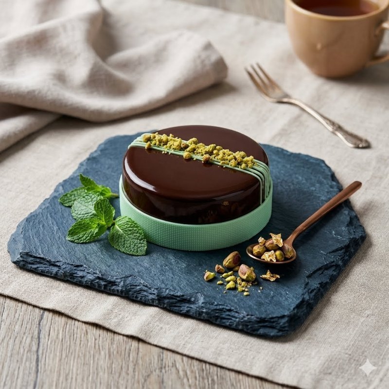Torta di mousse al cioccolato e pistacchio glassata