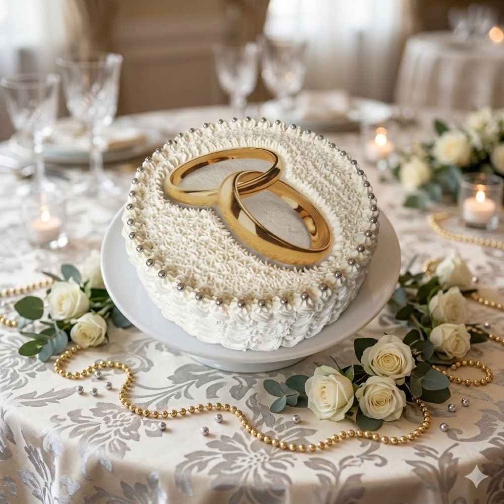 White cake with gold rings