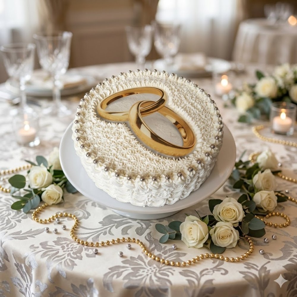 White cake with gold rings