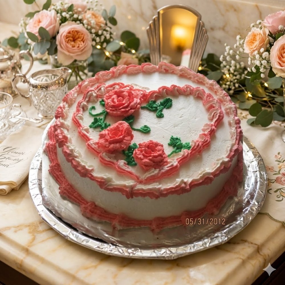 White cake with coral roses
