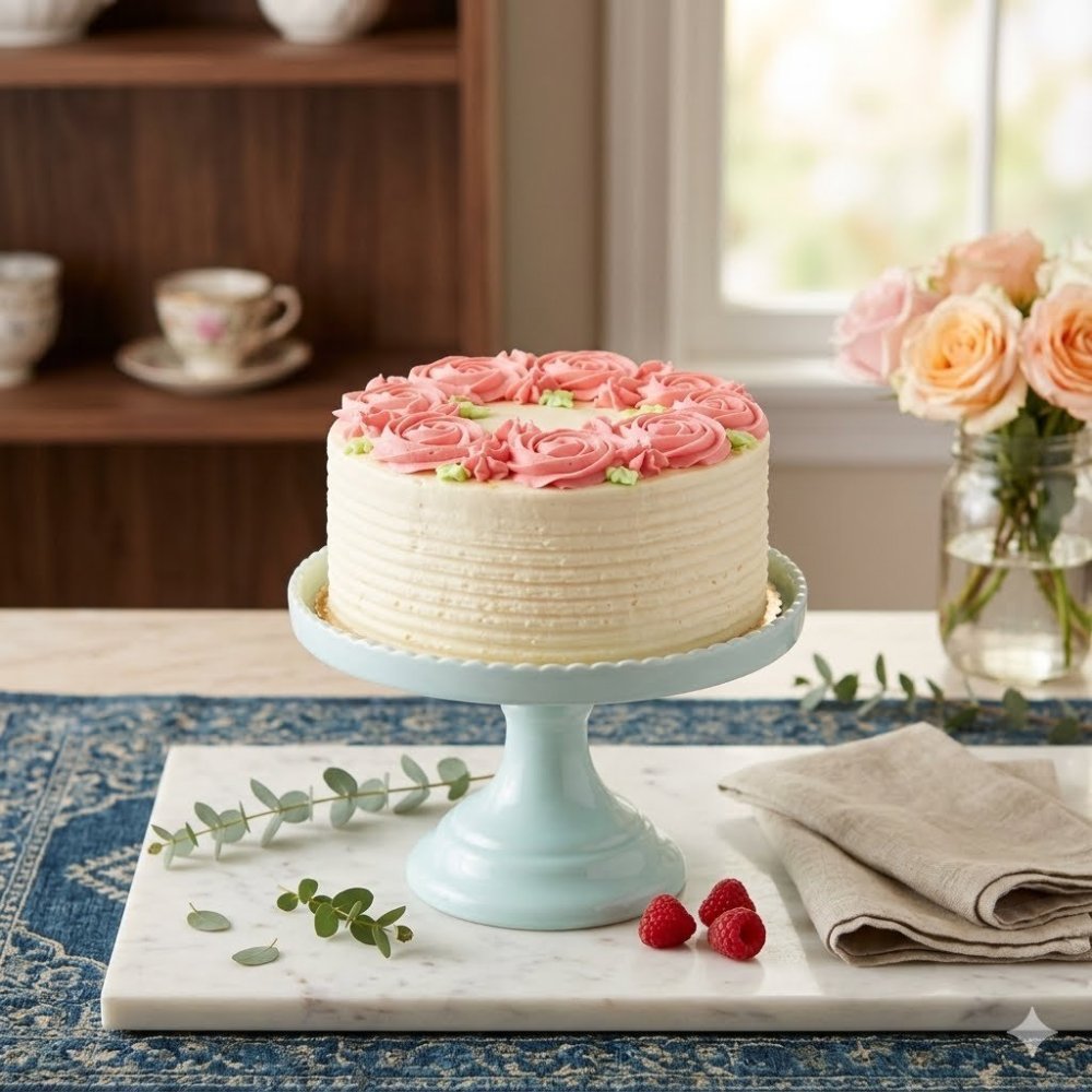 Floral cake on blue pedestal