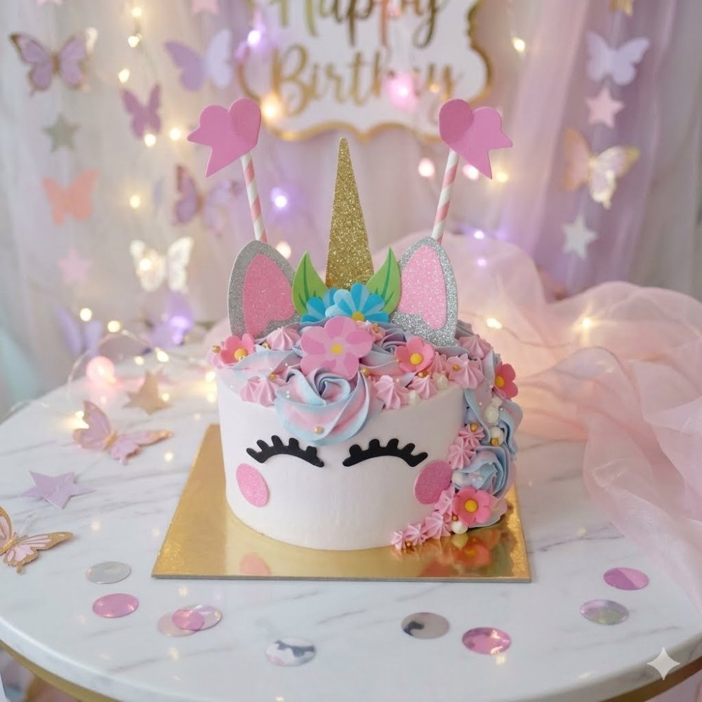 Pastel unicorn themed celebration cake