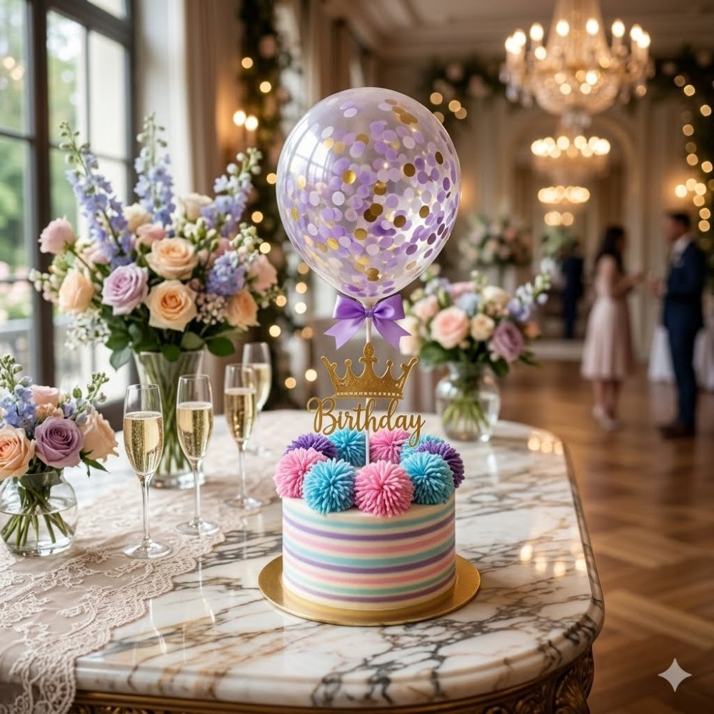 Striped birthday cake with balloon