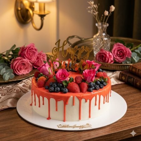 Berry floral drip birthday cake