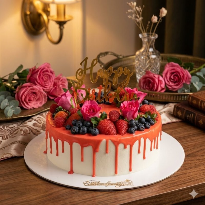Geburtstagstorte mit Beeren-Blumen-Drip