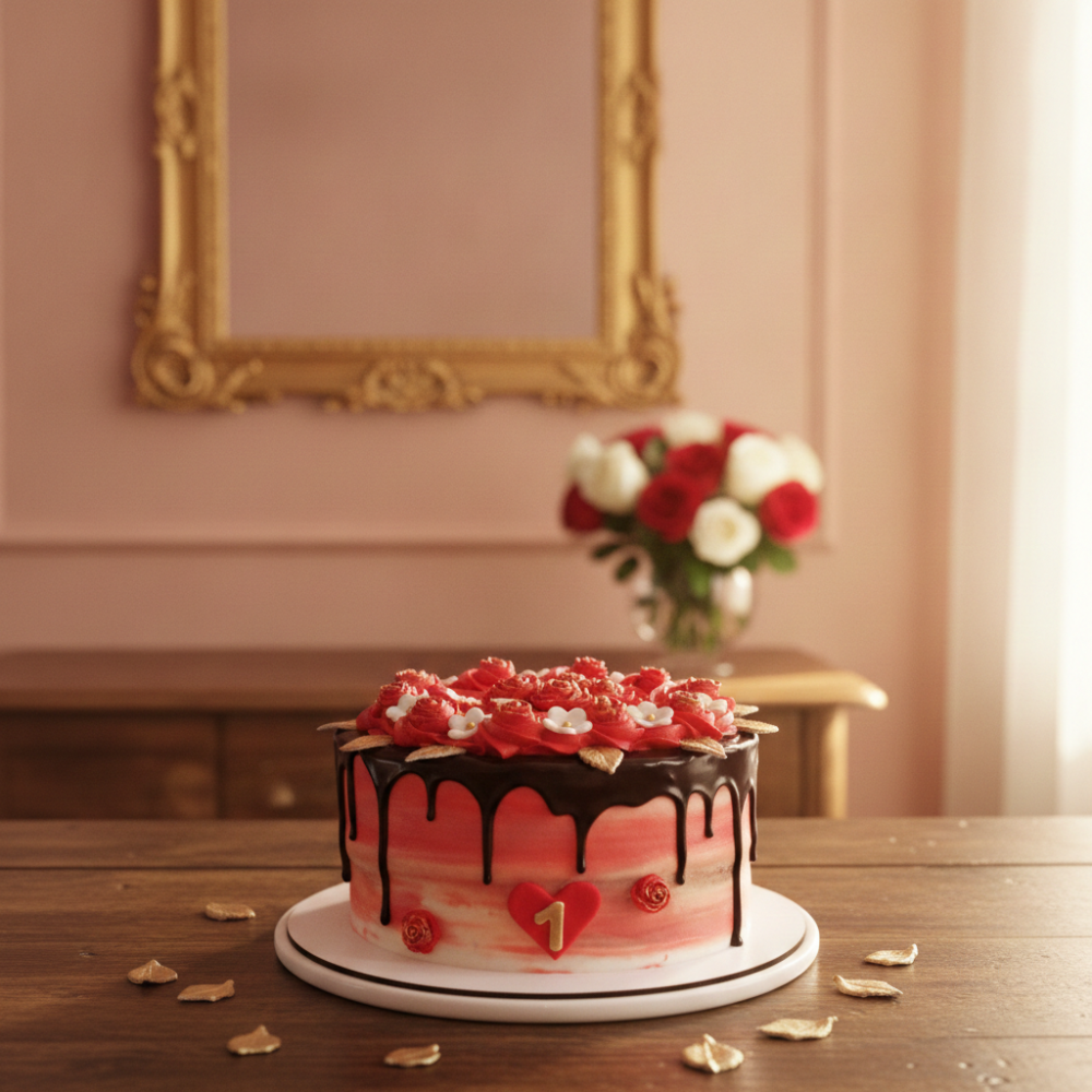 Rød blomster drypcake festkage