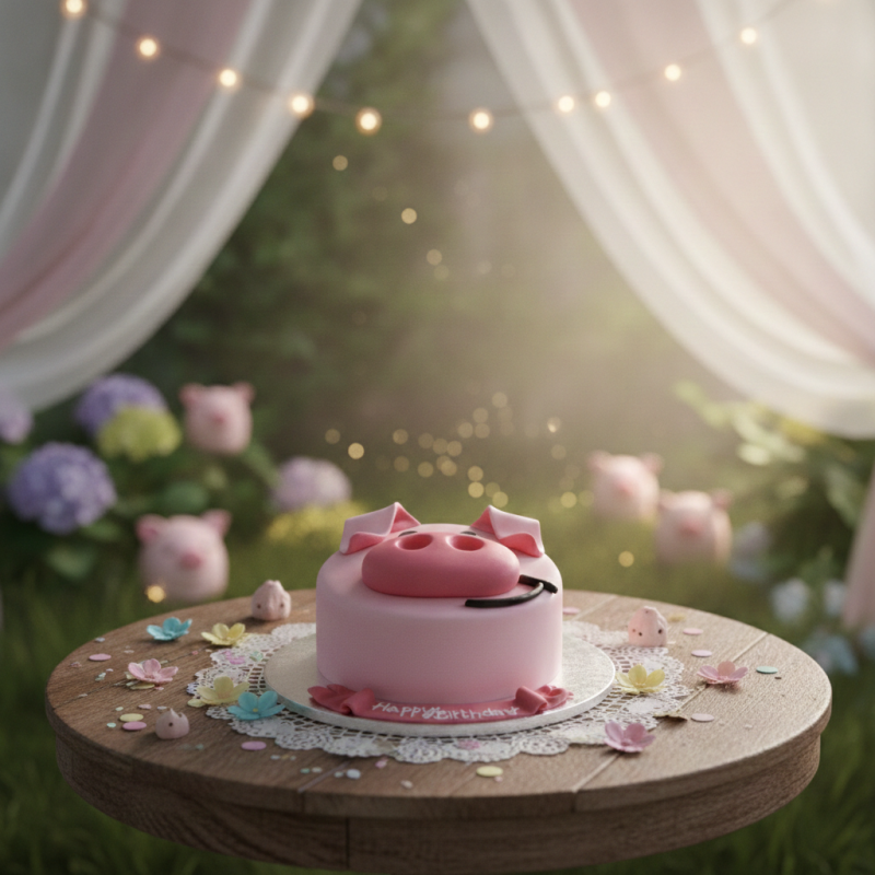 Pastís d'aniversari d'un porc de dibuixos animats en 3D