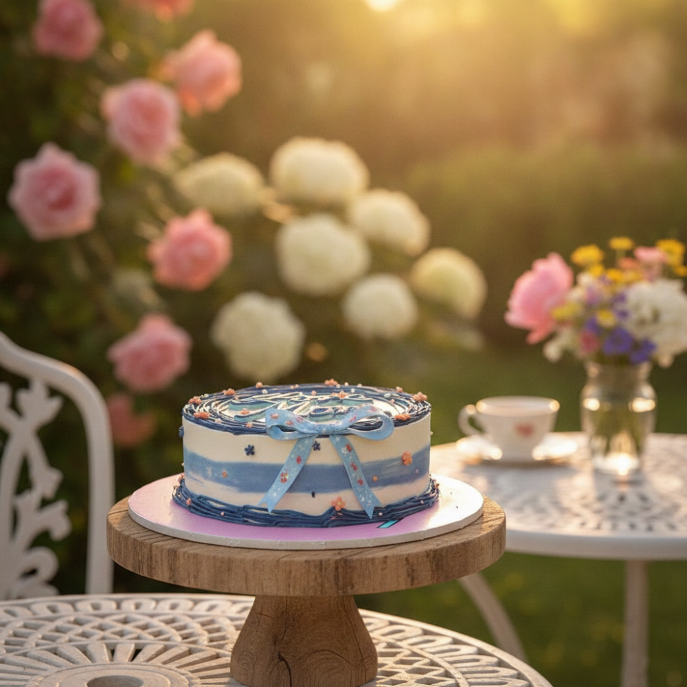 White cake blue ribbon bow