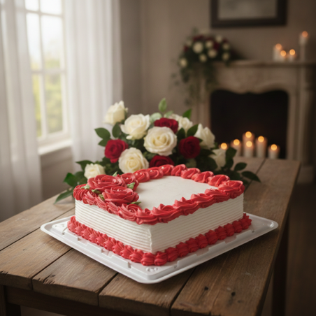 White cake red heart piping
