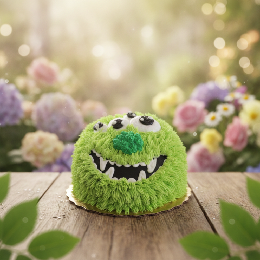 Green furry monster character cake