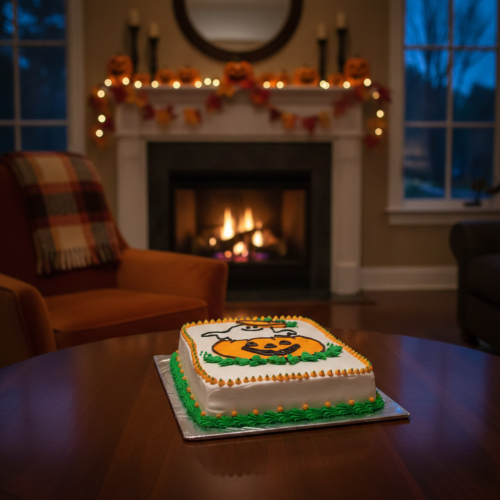 Halloween pumpkin decorated sheet cake
