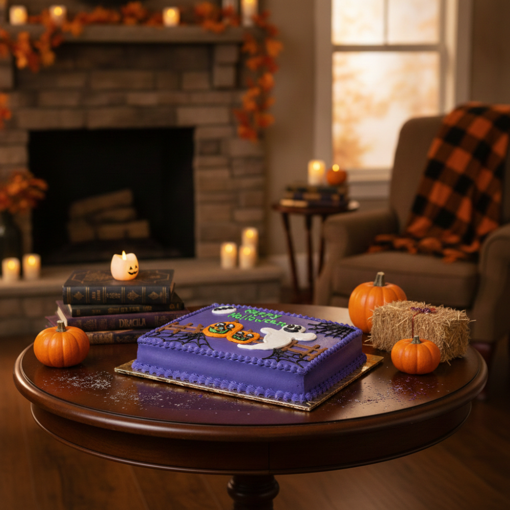 Purple Halloween cake with ghost