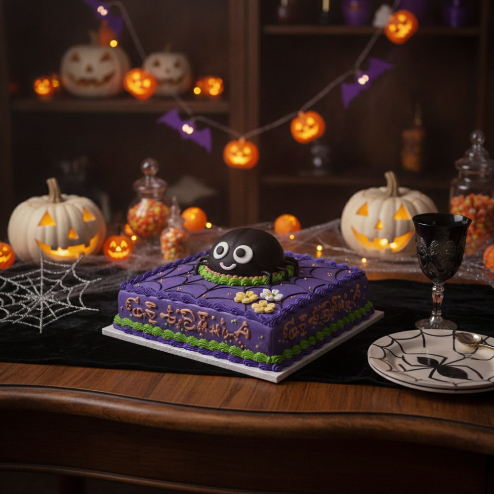 Purple Halloween cake with monster