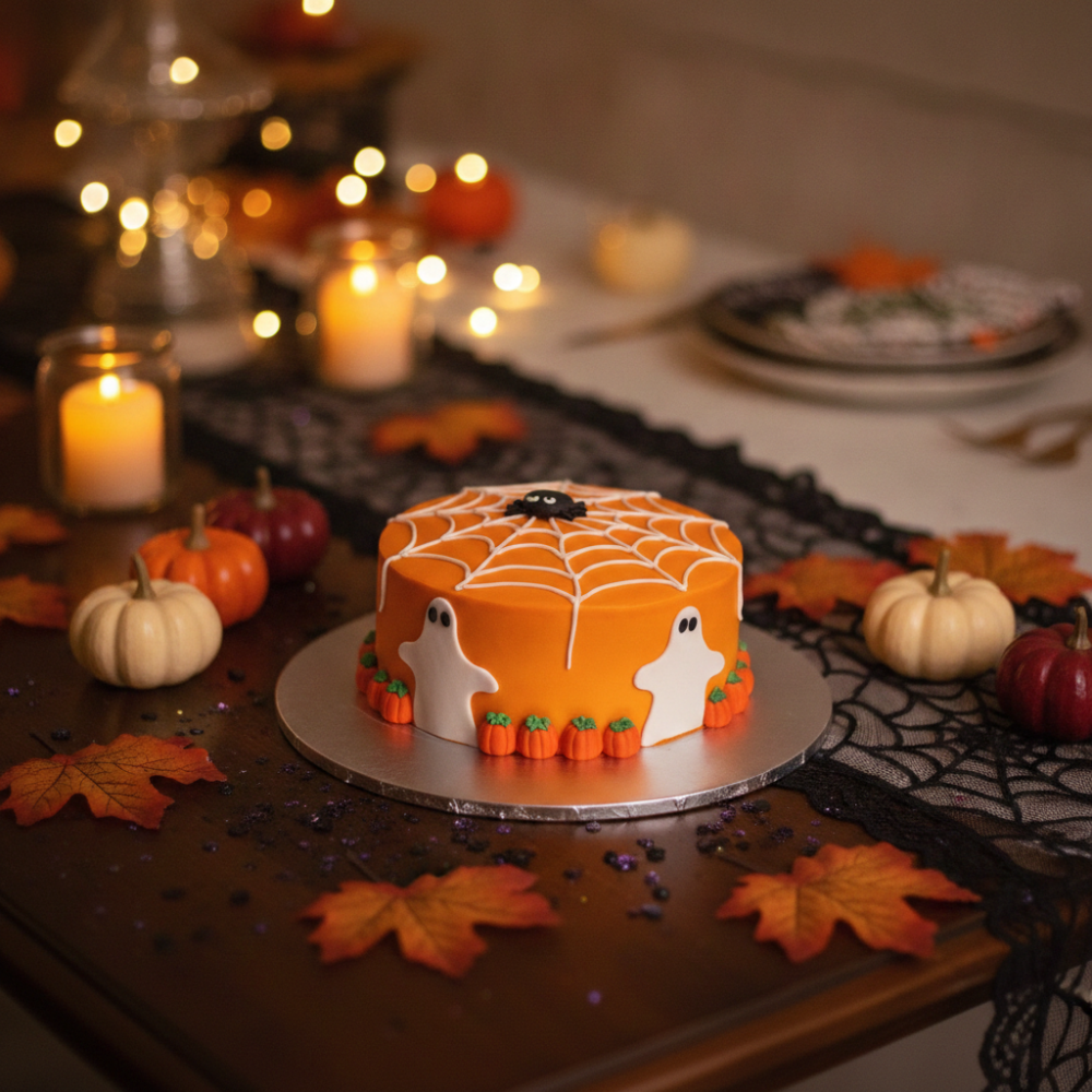 Orange Halloween cake with ghosts