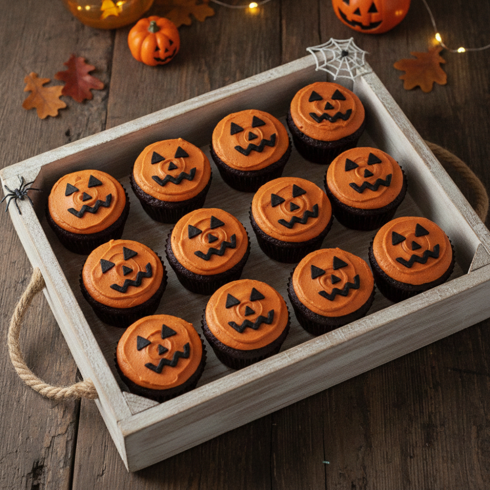 Δίσκος με σοκολατένια cupcakes Pumpkin Jack-o'-lantern