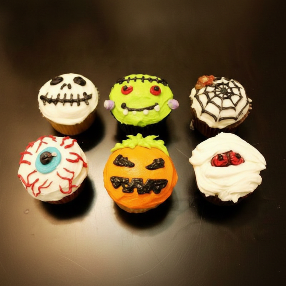 Sis cupcakes temàtics de Halloween glaçats