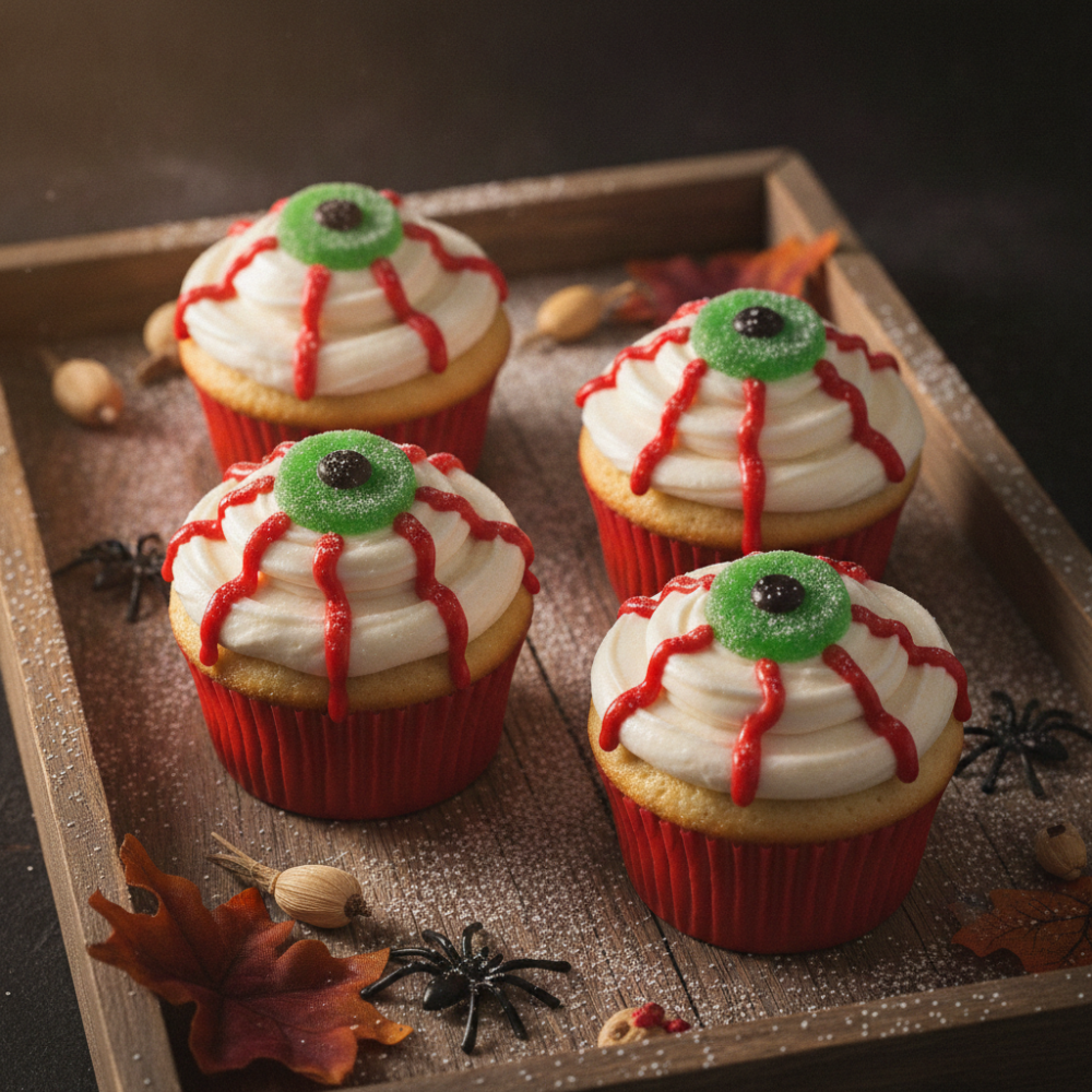 Halloween cupcakes bandexa de madeira con ollos de pantasma