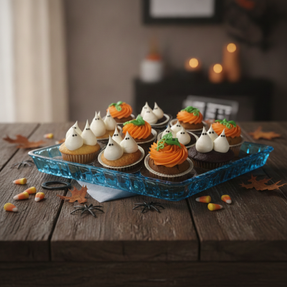 Halloween cupcakes on glass tray