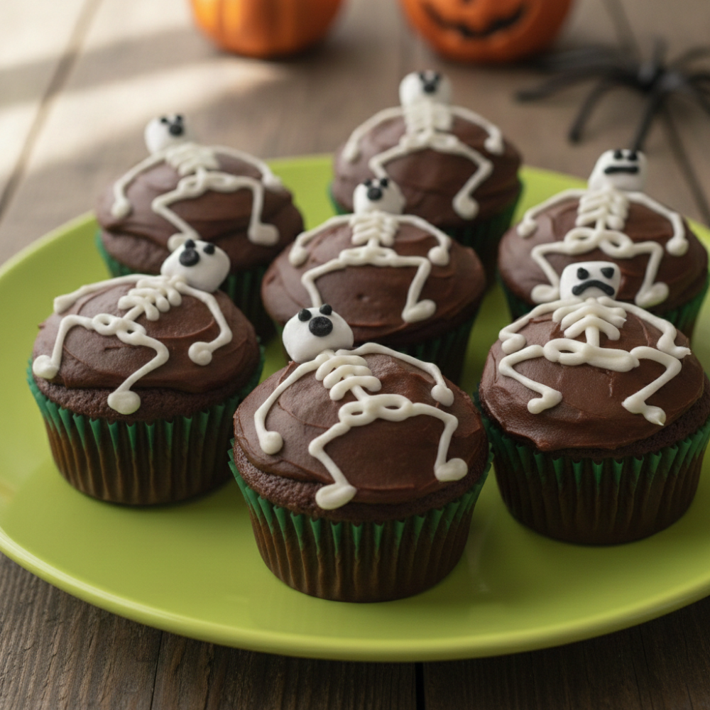 Skeleton decorated chocolate Halloween cupcakes