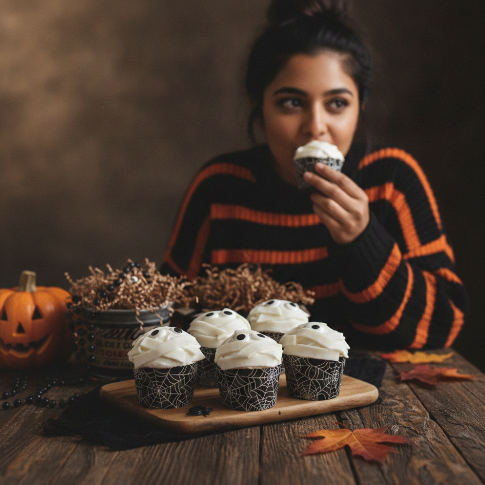 Spider cupcakes with web wrappers