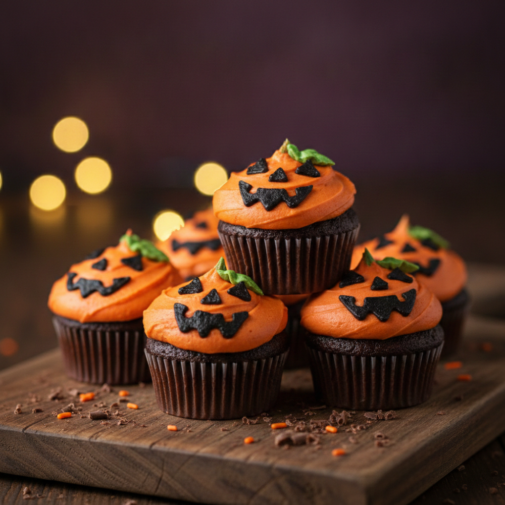 Jack-o'-lantern chocolate cupcakes wooden surface