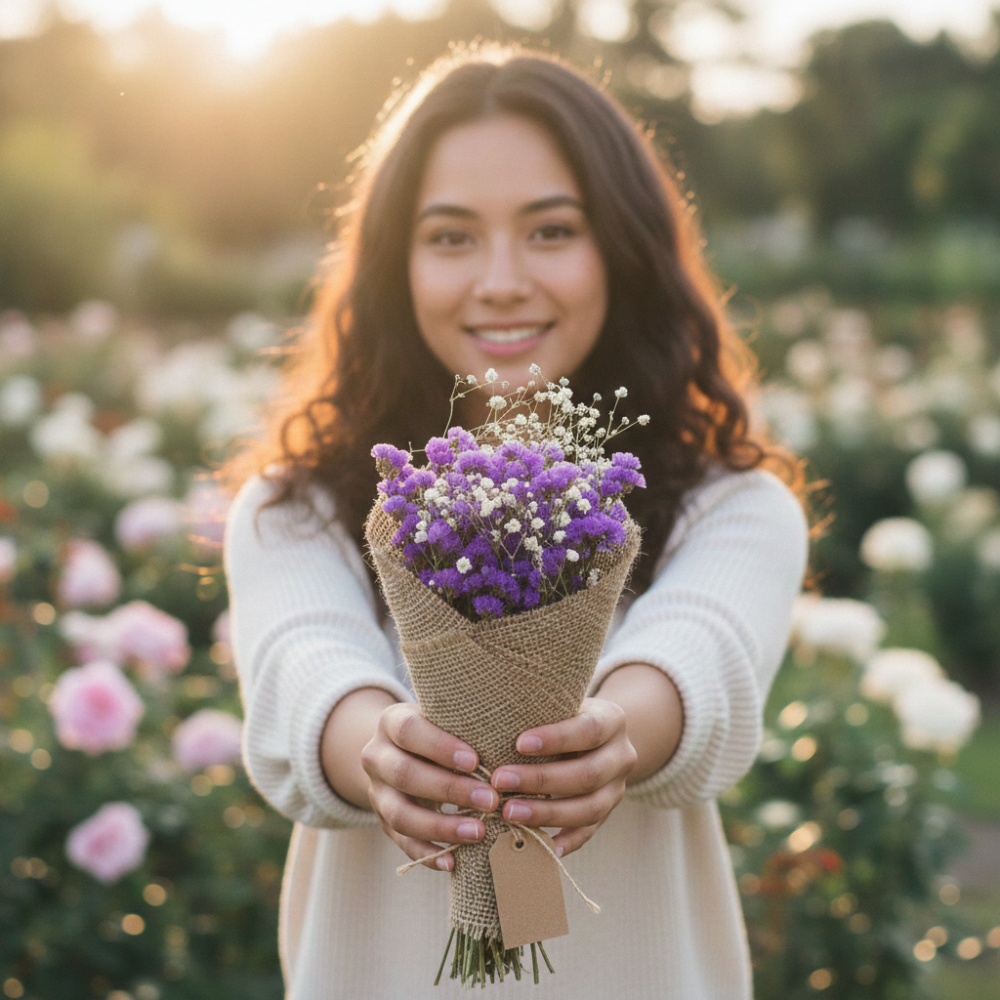Purple baby's breath burlap bouquet