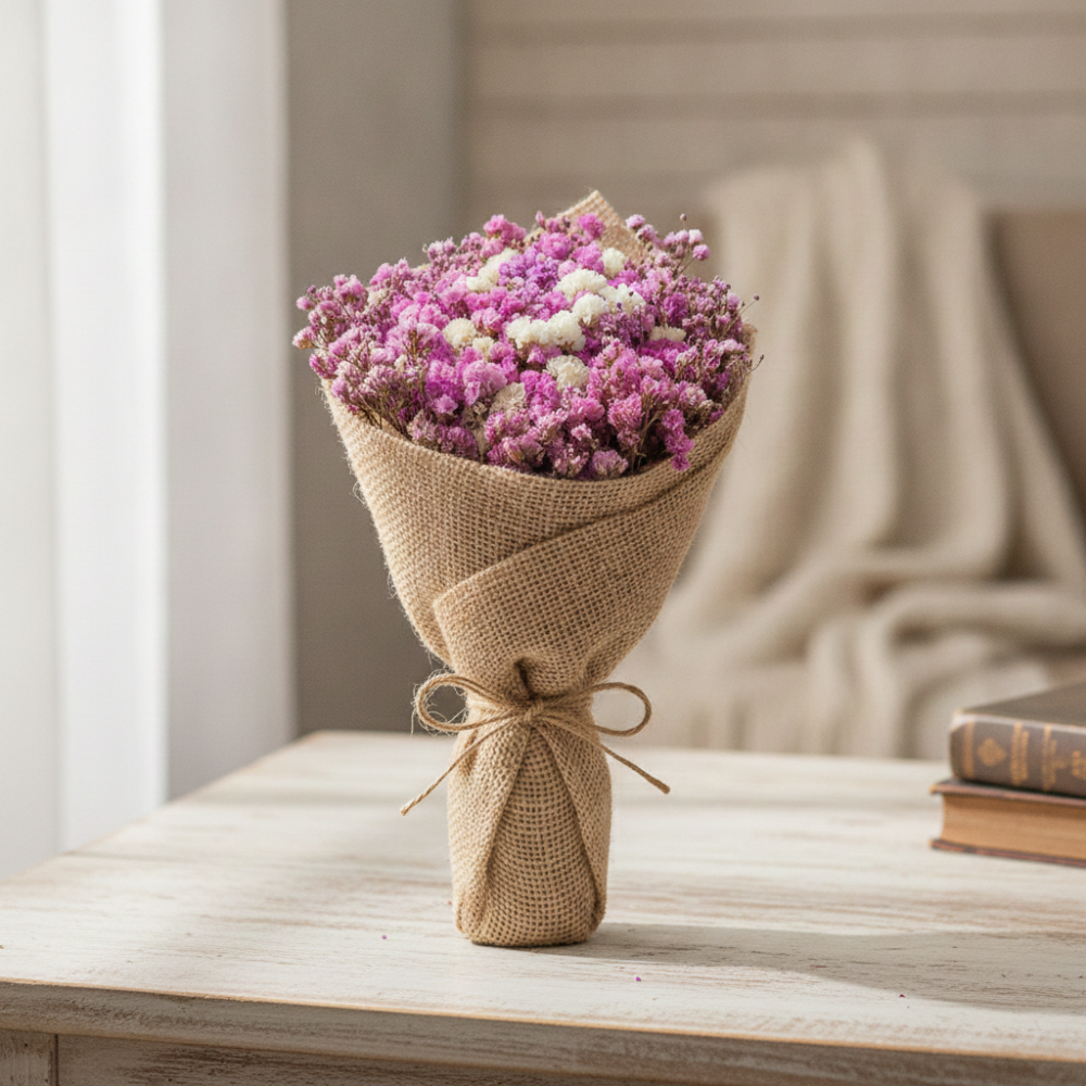 Miniature burlap wrapped floral bouquet